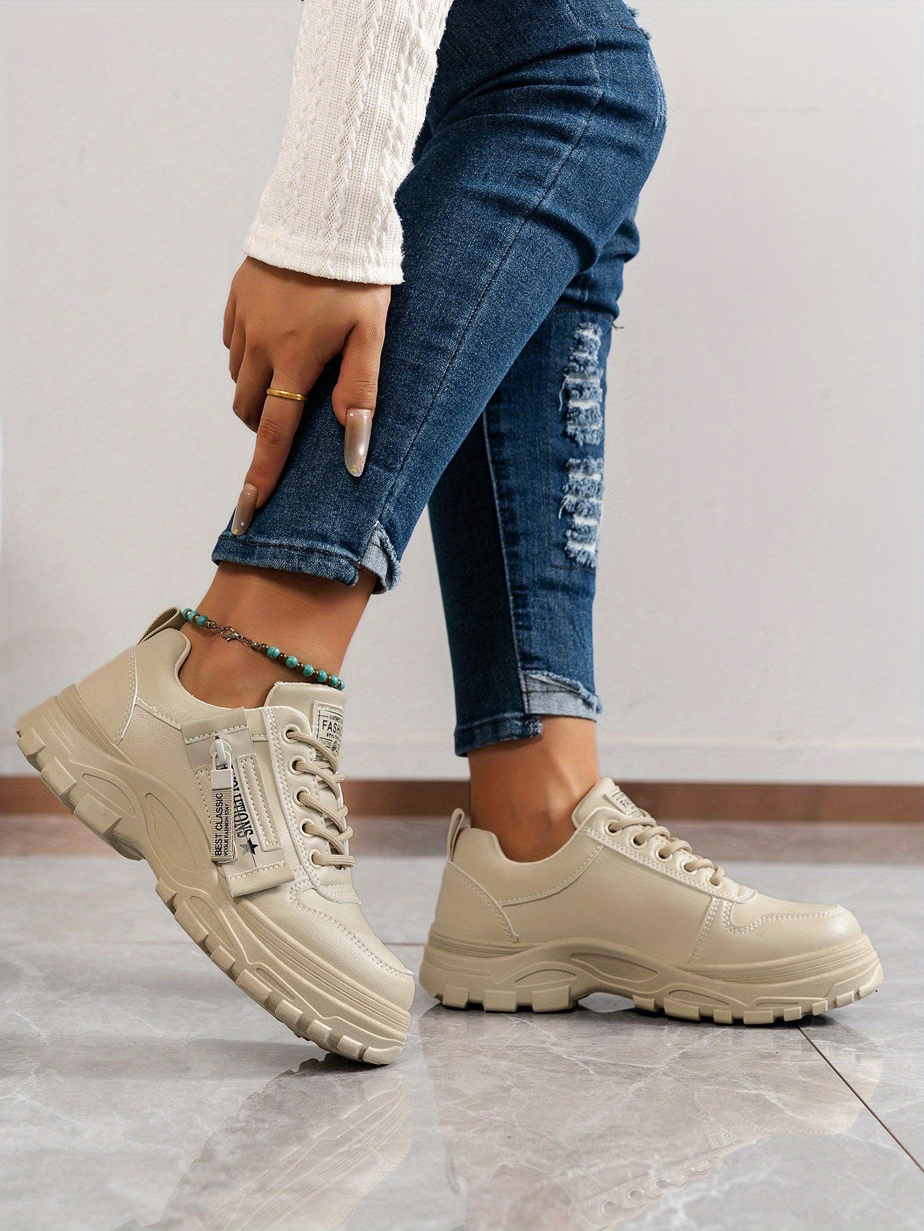 Women'S Breathable Knit Sneakers - Lightweight Thick Sole Casual Walking Shoes in White Black, Synthetic Cover Upper with Rubber Outsole, Lace-Up Low-Top Design for Indoor/Outdoor, Travel, Beach Shopping - Cute Gift for M