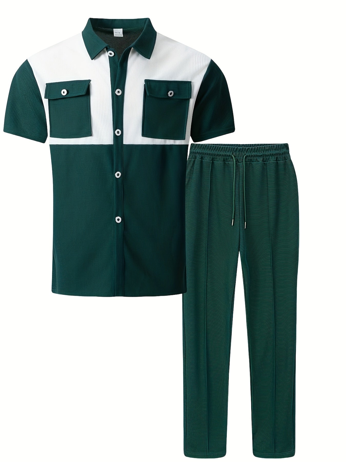 Men's Summer Two-Piece Set, Waffle Fabric Contrast Color with Pockets Short-Sleeved Shirt + Casual Trousers Suit, Leisure Light Business Vacation Daily Multiple Scenes
