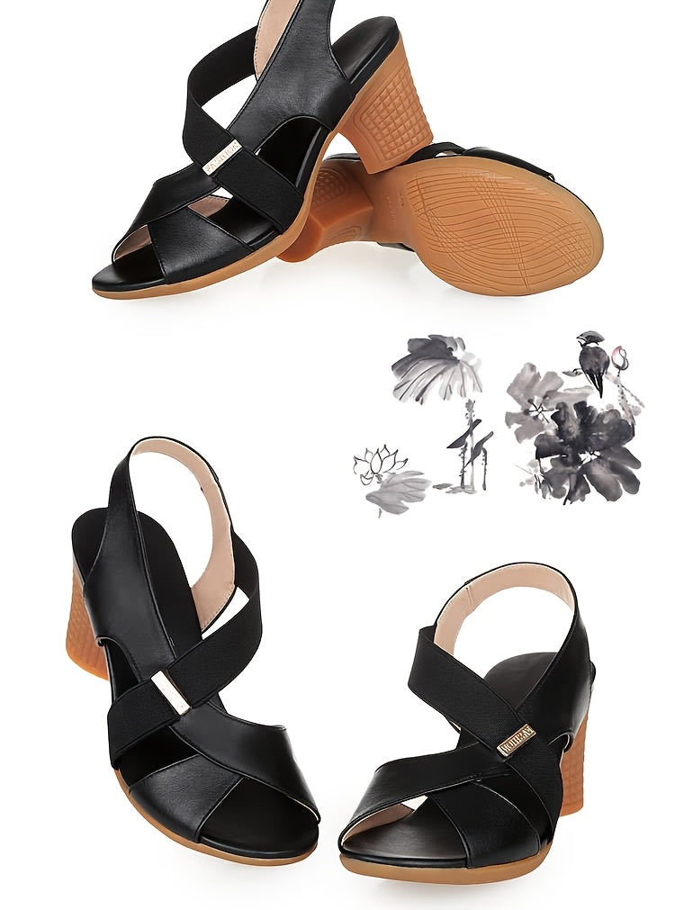 Elegant Tan Peep-Toe Women's Sandals - Comfortable Mid-Heel, Casual Summer Shoes with Chunky Heel, Faux Cover Straps & Non-Slip Rubber Sole for Casual Attire, High Heel Sandals