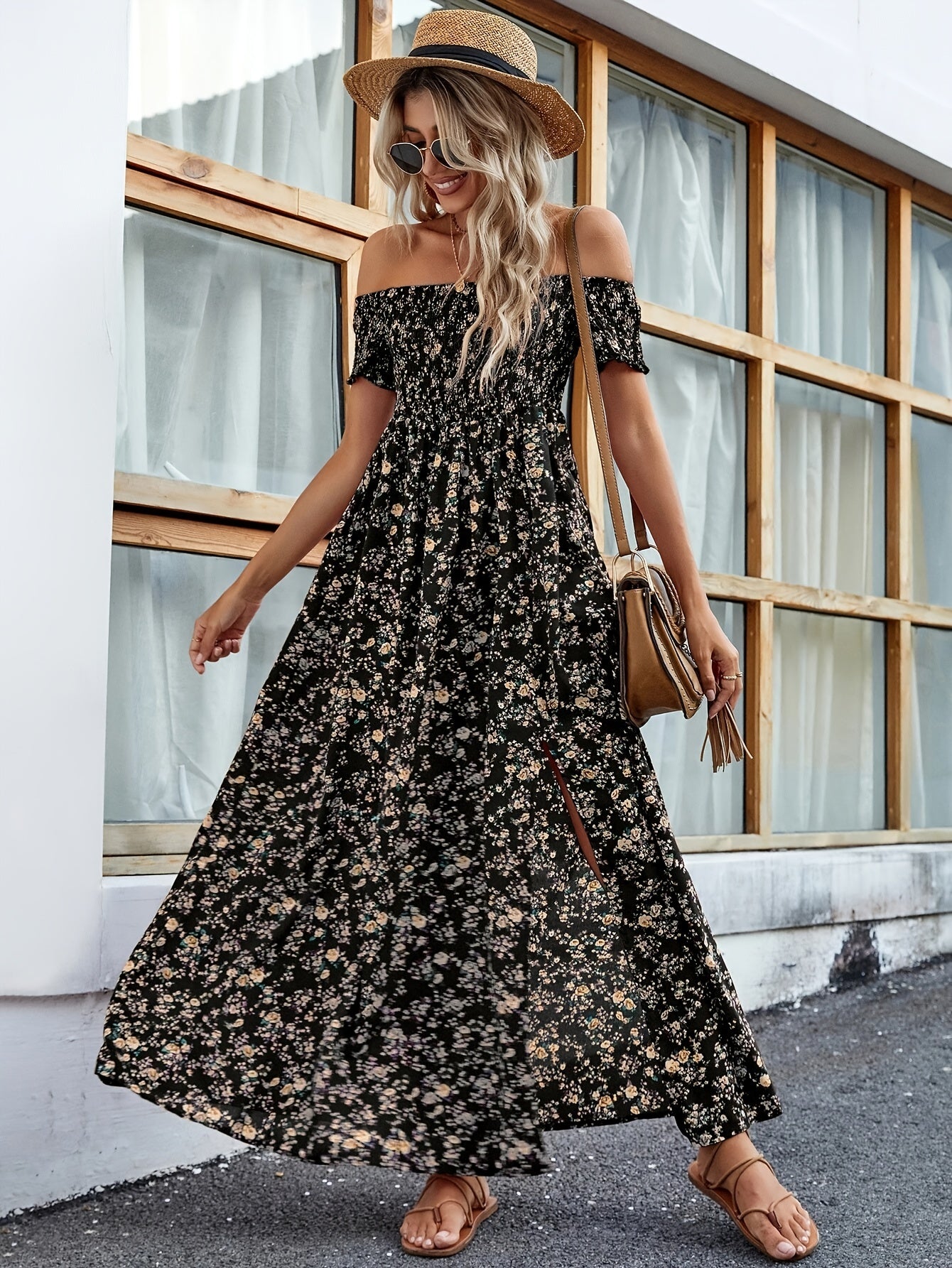 Floral Print Off Shoulder Dress, Elegant Short Sleeve Aline Dress For Spring & Summer, Women's Clothing