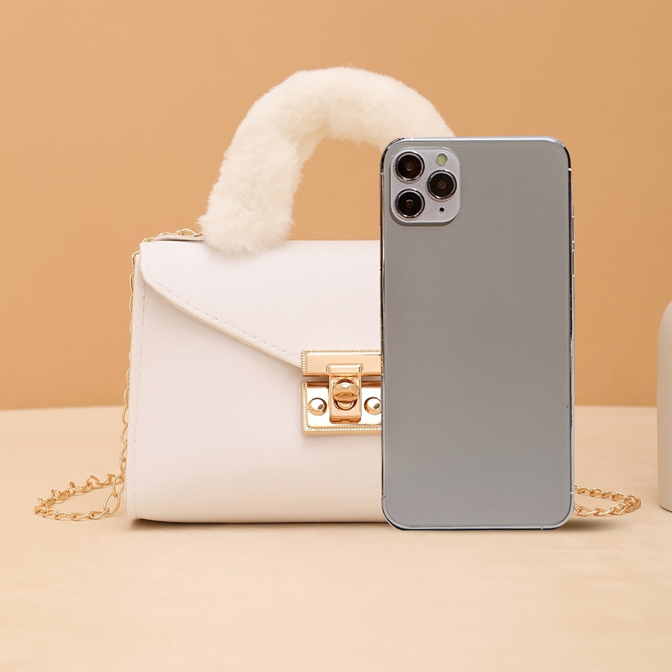1pc Elegant Crossbody Bag with Soft Plush Handle, Solid Color Casual Messenger Bag with Removable Strap and Turn-Lock Closure for Daily Use, Small Crossbody Bag