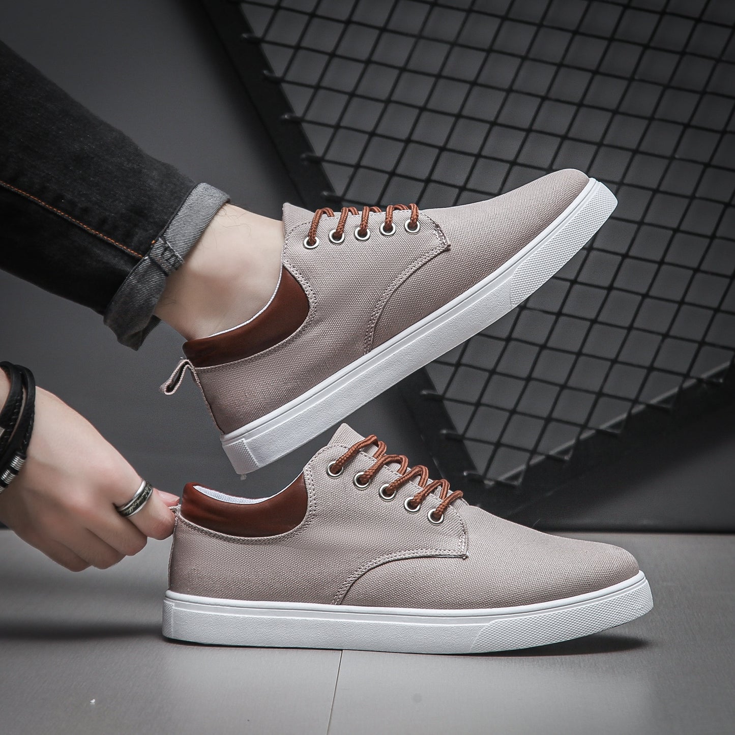 Men's Navy Blue Canvas Sneakers - Breathable, Durable, Non-Slip Casual Shoes with Brown Accents & White Sole - Perfect for Spring, Summer, and Fall Outdoor Wear, Everyday Sneakers | Casual Sporty Look | Breathable Canvas Uppe
