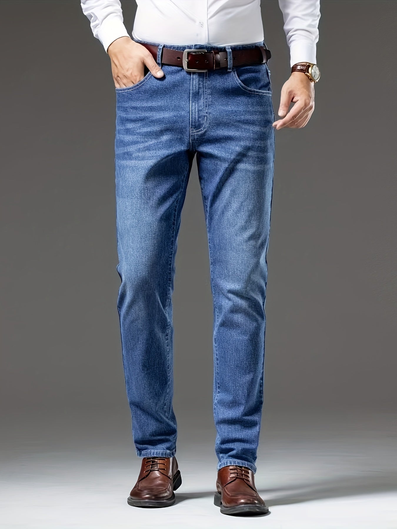 Տղամարդկանց Slim Fit Elastic Denim Jeans - Casual Business Style, Միջին գոտկատեղի, Բաց Կապույտ, Մեքենայով Լվացող, Հարթ Մակերես, Հարմար է Գարնան և Աշնանային, Գարուն և Աշնանային Հագուստ | Slim Fit Jeans | Ձգվող ջինսե
