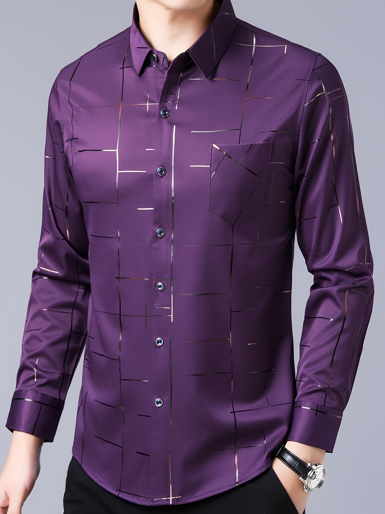 Elegant Men's Maroon Striped Long Sleeve Dress Shirt - Sophisticated Black & Golden Print, Breathable Polyester, Casual Comfort Fit with Classic Collar and Button-Up Front for Casual Attire