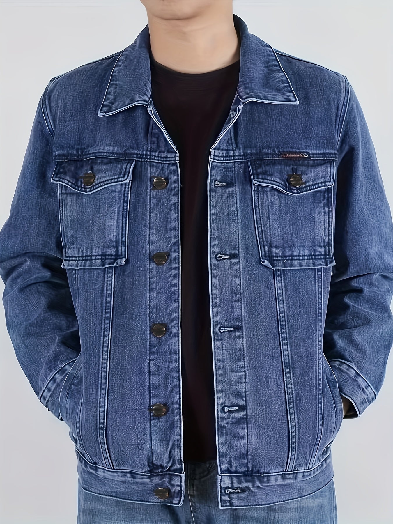Men's Spring/Autumn Denim Jacket - Casual Chic Style, Black Blend with Red Accents, Button-Up with Flap Pockets, Long Sleeves, Ideal for Hiking & Casual Attire, Outdoor Apparel|Classic Denim Style|Durable Fabric