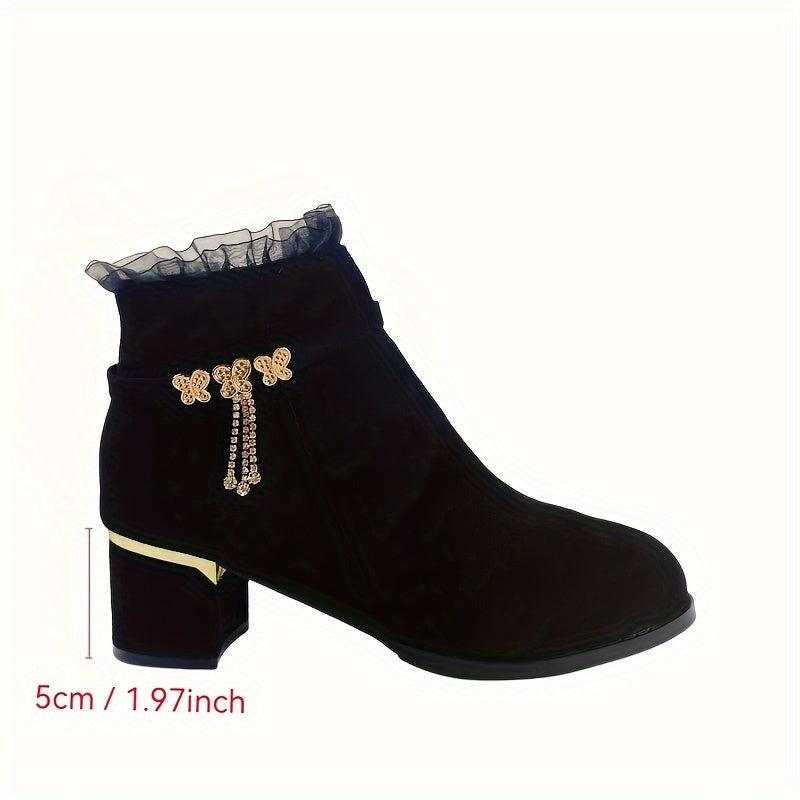Women's Butterfly Decor Chunky Heel Boots, Fashion Side Zipper Short Boots, Stylish Ankle Boots