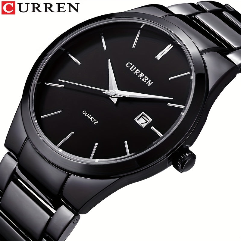 CURREN Men'S Quartz Watch, Casual Business Elegant Round Dial Stainless Steel Strap, Battery Powered Calendar Pointer Display, Aluminum Alloy Case, Non-Rechargeable Button Battery