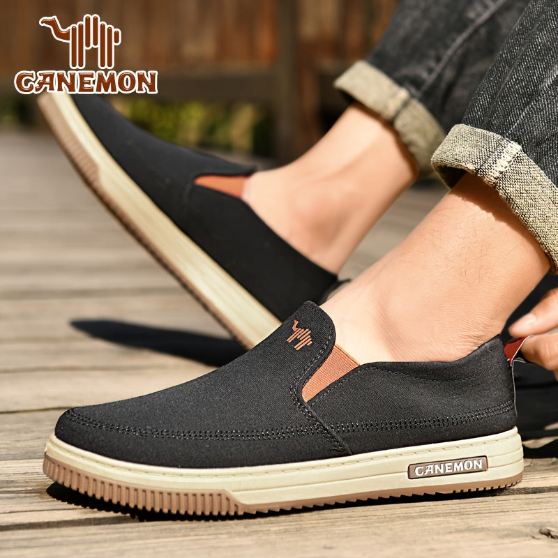 CANEMON Men's Slip-On Canvas Sneakers - Breathable, Non-Slip Soft Sole Casual Shoes with Striped Design, Comfortable All-Season Wear for Outdoor & Everyday Use
