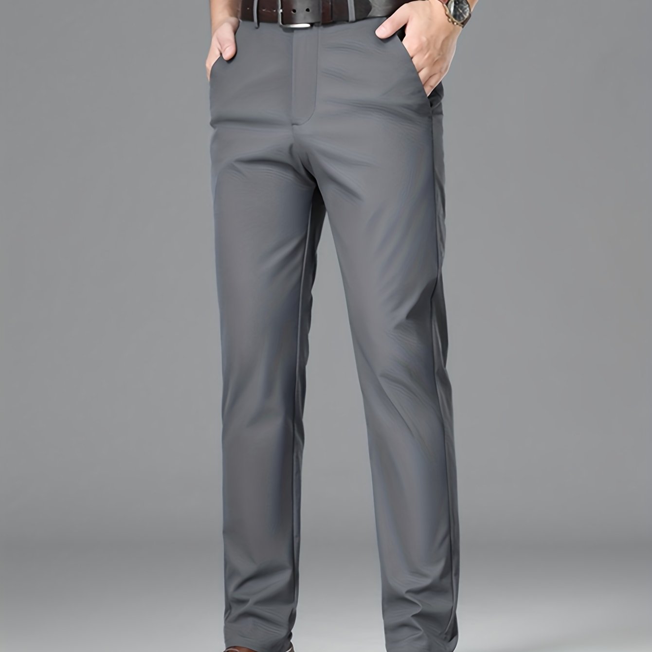 Men's Lightweight Summer Casual Pants, Slim Straight Fit, Polyester, Mid-Rise, Built-in Zipper, Regular Length - Ideal for Casual Attire