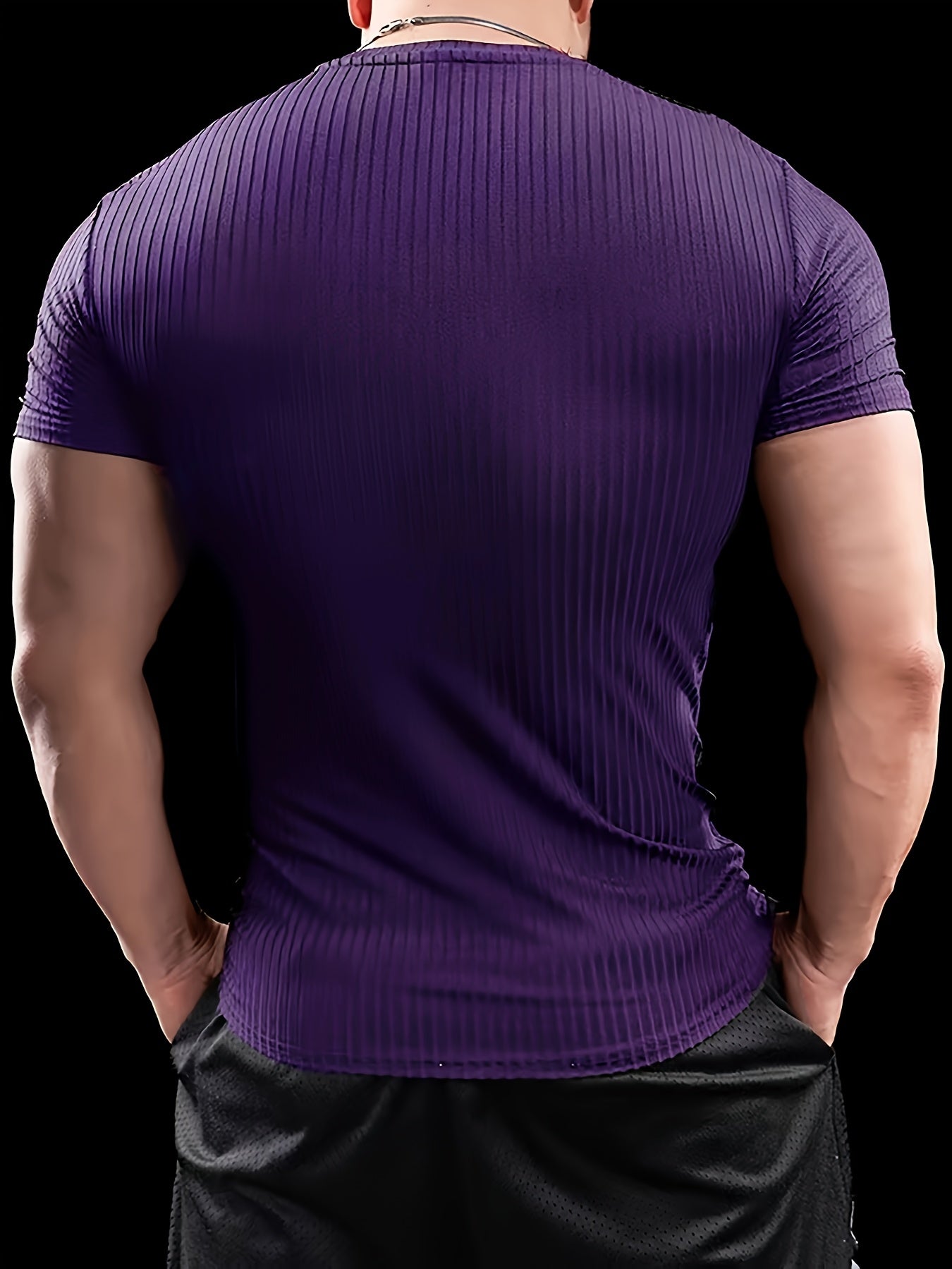 Men's Slim Fit Ribbed Short Sleeve T-Shirt - Stretchy Athletic Casual Wear, Green, Round Neck, Machine Washable, Muscle-Enhancing Design, Gym Shirts
