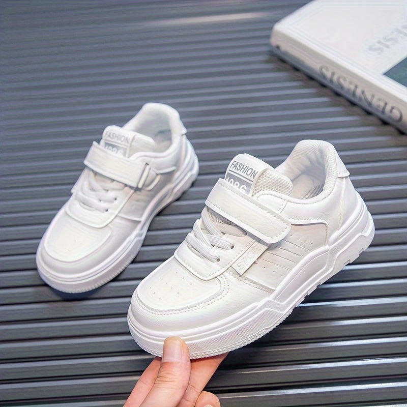 Youngsters' Stylish White Skate Sneakers - Casual & Sporty Low-Top Shoes with Hook-and-loop Fastener Closure, Breathable Fabric Lining, Durable Rubber Sole for Boys & Girls, Perfect for Running, Walking & Casual Attire, Skate