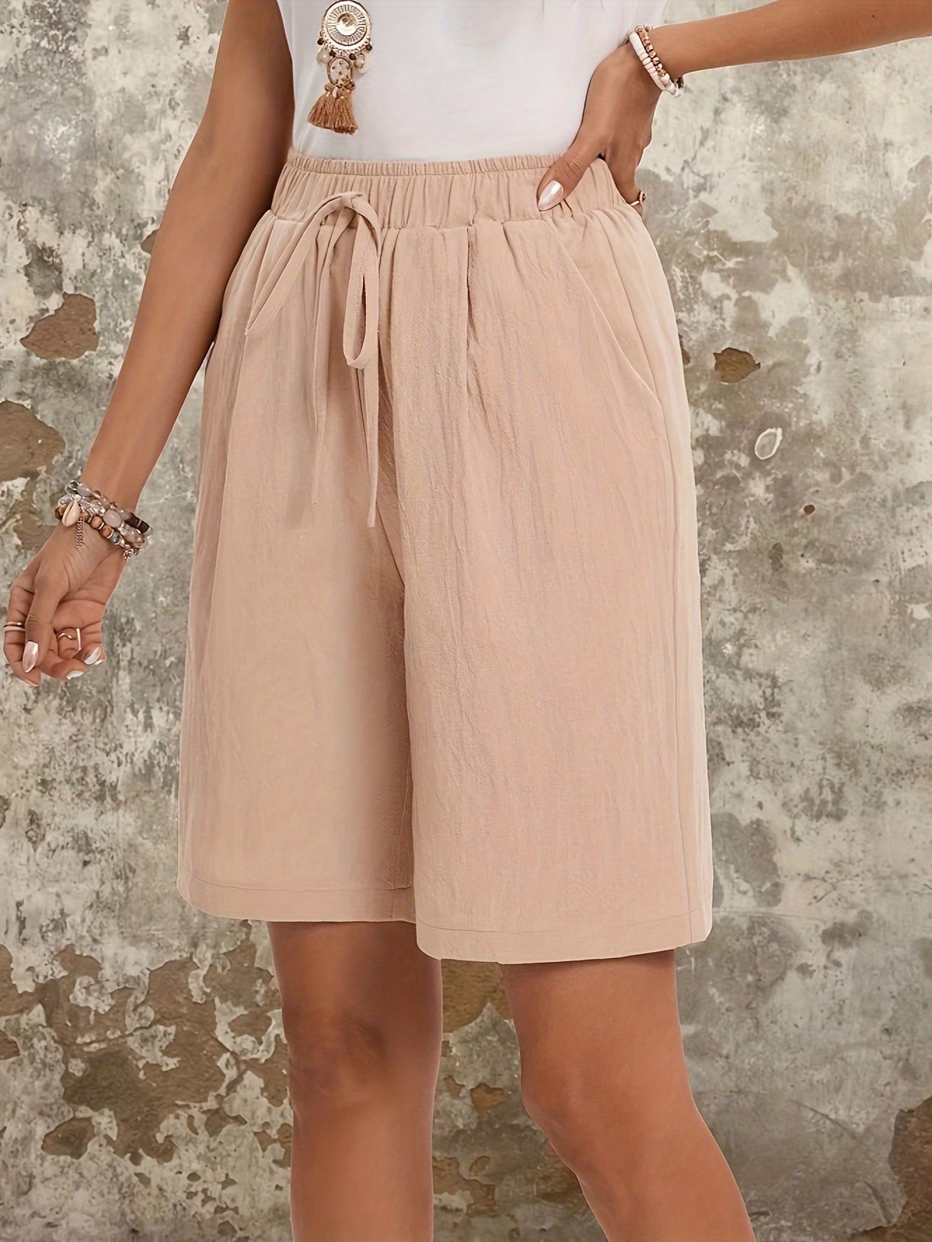 Lace Up Slant Pocket Elastic Waist Shorts, Casual Loose Shorts For Spring & Summer, Women's Clothing