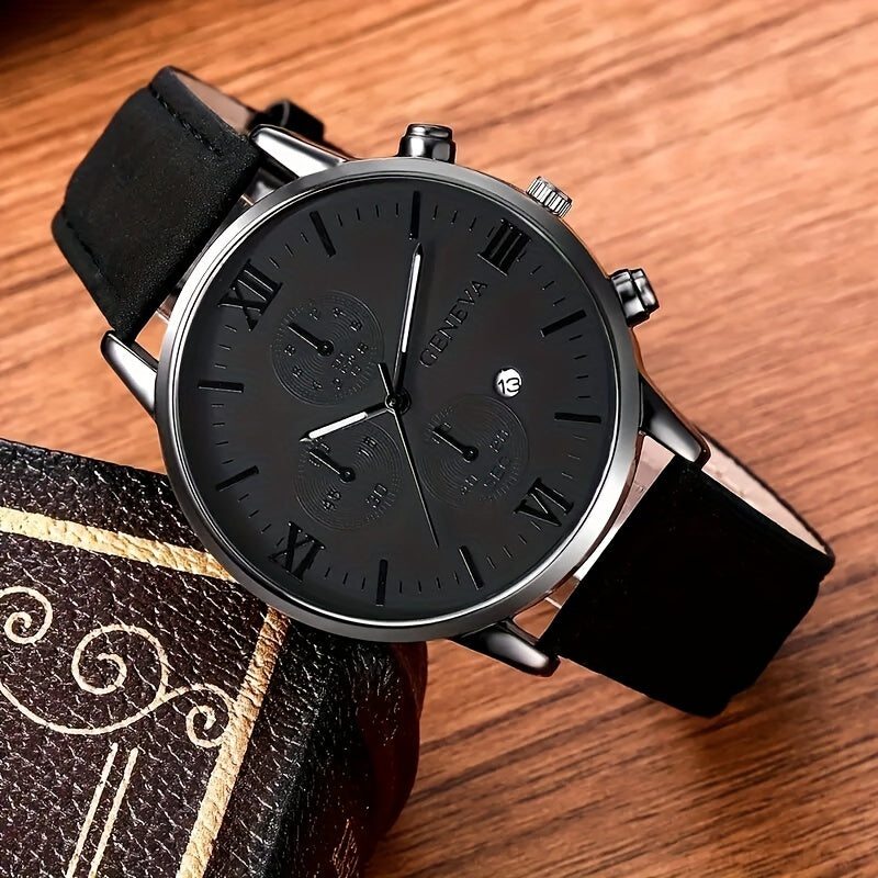 1pc Geneva Vintage Men'S Quartz Watch, Round Alloy Case, Analog Display, with Date Feature, PU Leather Strap, Battery Powered (Button Battery), for Valentine's, Easter, Ramadan, Birthday, Christmas Gifts