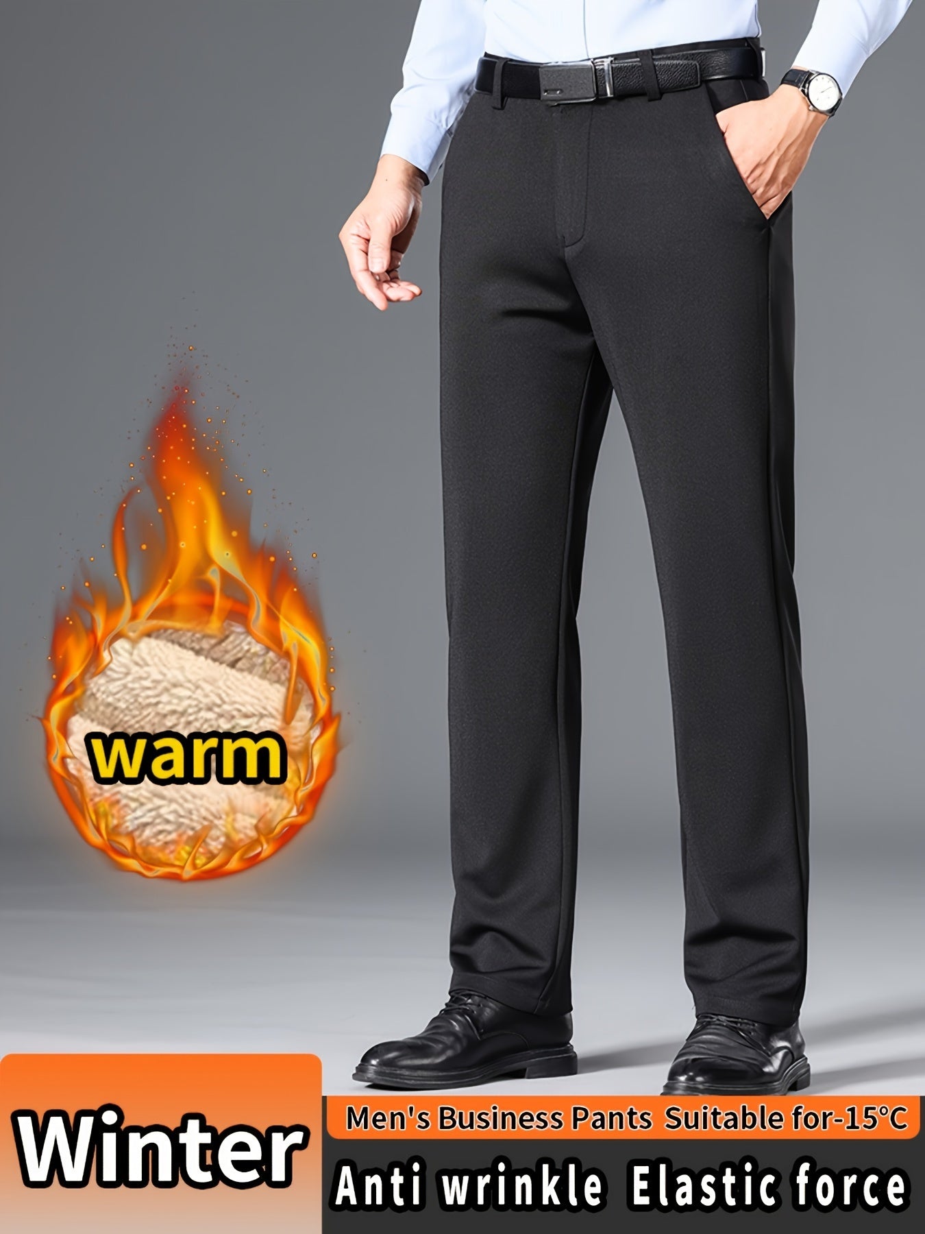 Men'S High Waist Solid Color Straight Leg Business Pants with Pocket Details, Polyester and Elastane Blend with Viscose Lining, Elastic Stretch, Zipper Fly Closure, Suitable for Fall/Winter Workwear