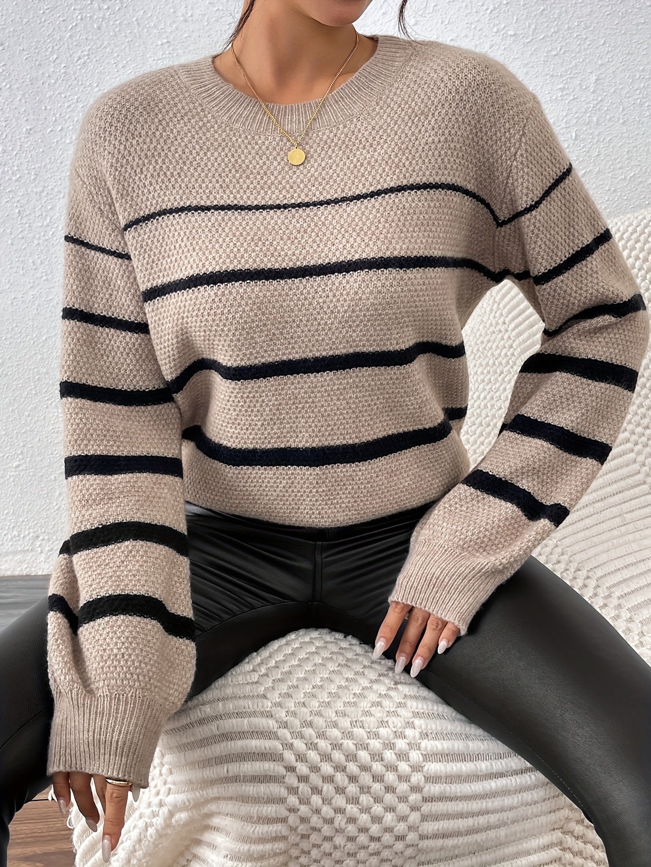 Elegant Crew Neck Stripes Color Block տրիկոտաժե գործվածքից կարճաթև կլոր պարանոցի սվիտեր, Նոր ժամանում, կանանց համար, գարուն/աշուն