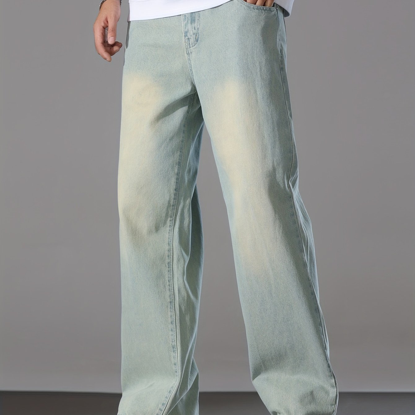 Men's Loose Solid Denim Barrel Pants With Pockets, Causal Cotton Blend Jeans For Outdoor Activities
