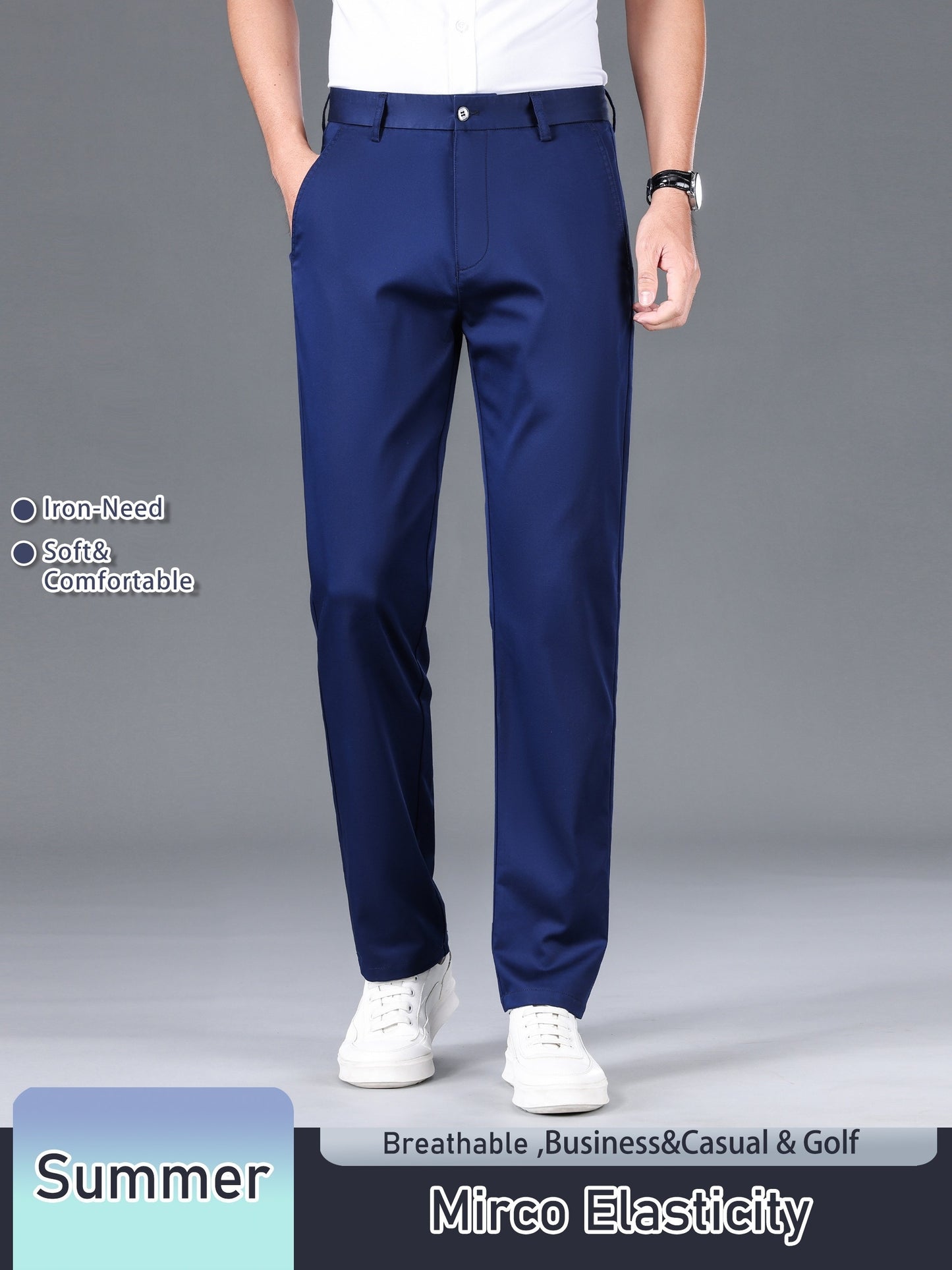 Men's Solid Color Straight Leg Business Style Cotton Blend Pants, Casual Comfy Breathable Outdoor Trousers As Gift