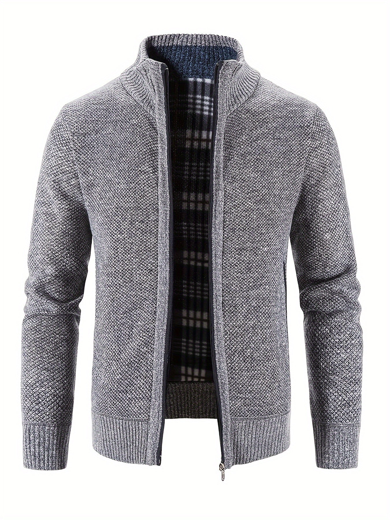 Men's Solid Fleece Knitted Cardigan With Pockets, Casual Long Sleeve Turtle Neck Zip Up Warm Sweater For Winter Fall Outdoor Activities
