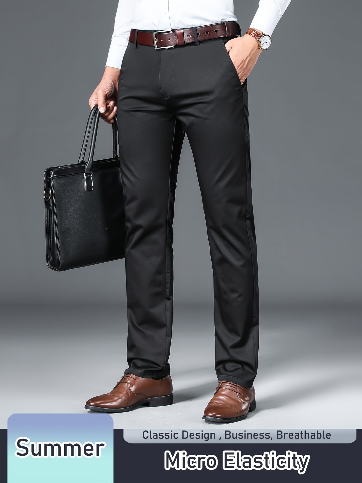 Men's Solid Pants With Pockets, Light Business Style Regular Fit Trousers For Outdoor Activities, Daily Wear For Spring And Autumn
