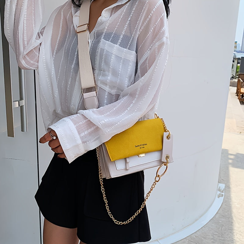 Chic Mini Crossbody Bag for Women - Stylish Synthetic Faux Leather with Golden Chain Strap, Buckle Closure, and Decorative Painted Edges - Perfect for Phone & Essentials