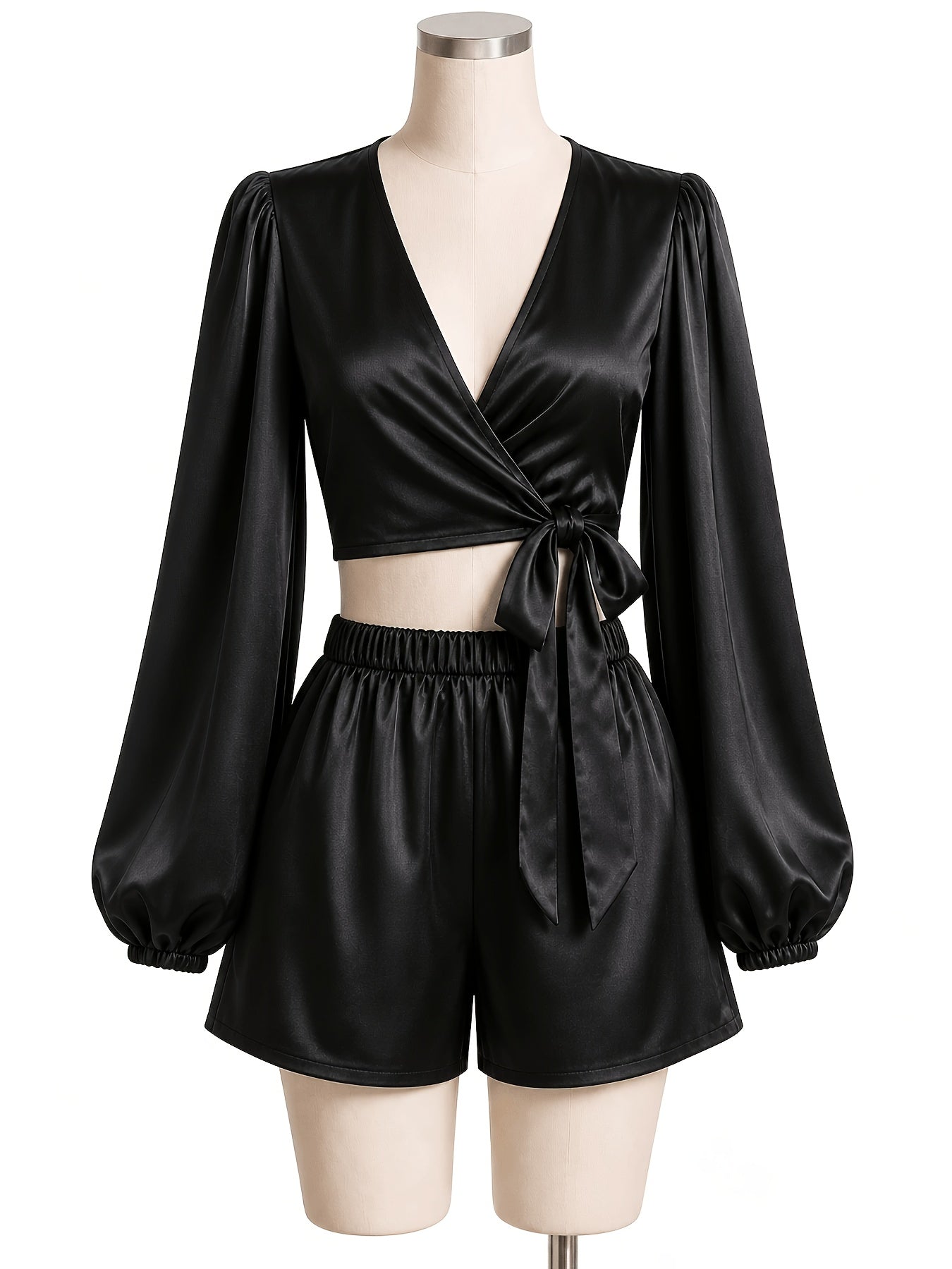 Black Satin Puff Sleeve V-Neck Tie Front Top and Shorts Set