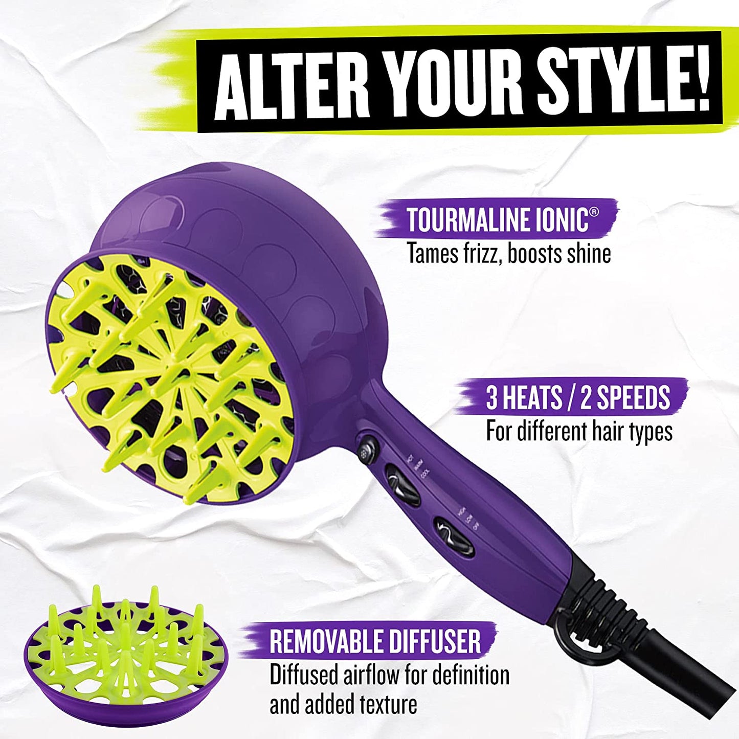 Bed Head Curls-In-Check 1875W Hair Diffuser Dryer | Great for Curly Hair, Reduce Frizz & Static | Diffuser Hair Dryer Enhances Natural Curl, Waves & Texture