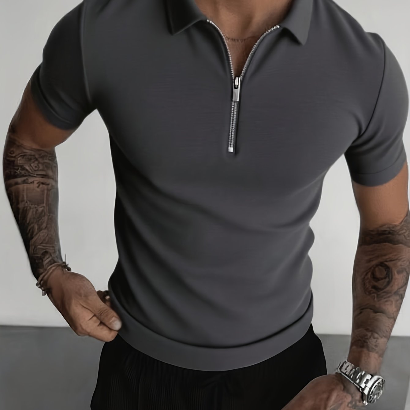 Men's Slim-Fit Zip Shirt with Short Sleeves, Featuring a Minimalist and Trendy Style. Designed with a Half-zip Collar, It Is Made of Soft, Skin-friendly Stretch Fabric That Is Breathable and Sweat-wicking. The Form-fitting De - ayq