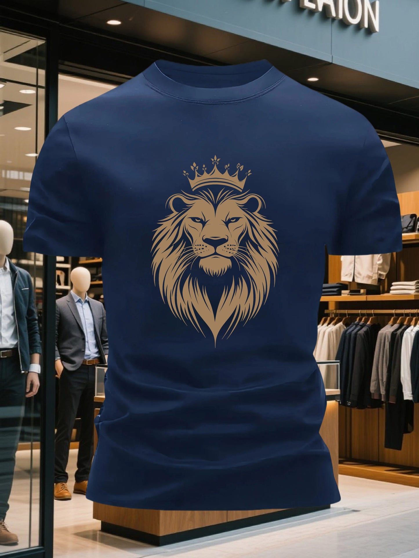 Men's 100% Cotton Crew Neck Short Sleeve T-Shirt with Regal Lion Crown Graphic Print - Navy Blue Casual Comfort Fit, Machine Washable All-Season Versatile Top, Cotton T Shirts, Leisure Clothing, Creative Print Shirt, Soft Tex