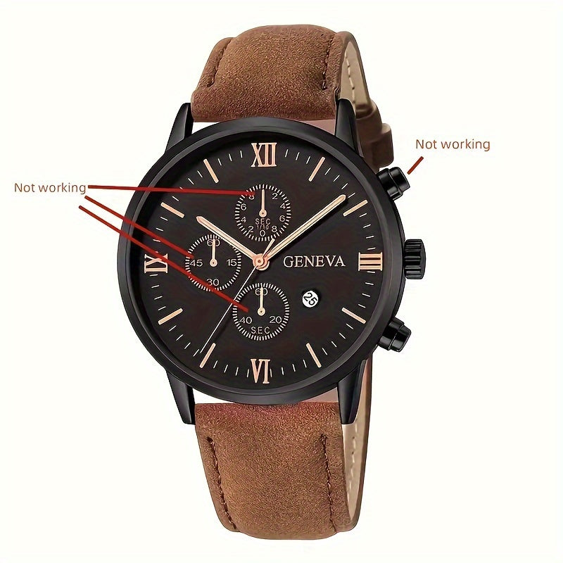 1pc Geneva Vintage Men'S Quartz Watch, Round Alloy Case, Analog Display, with Date Feature, PU Leather Strap, Battery Powered (Button Battery), for Valentine's, Easter, Ramadan, Birthday, Christmas Gifts