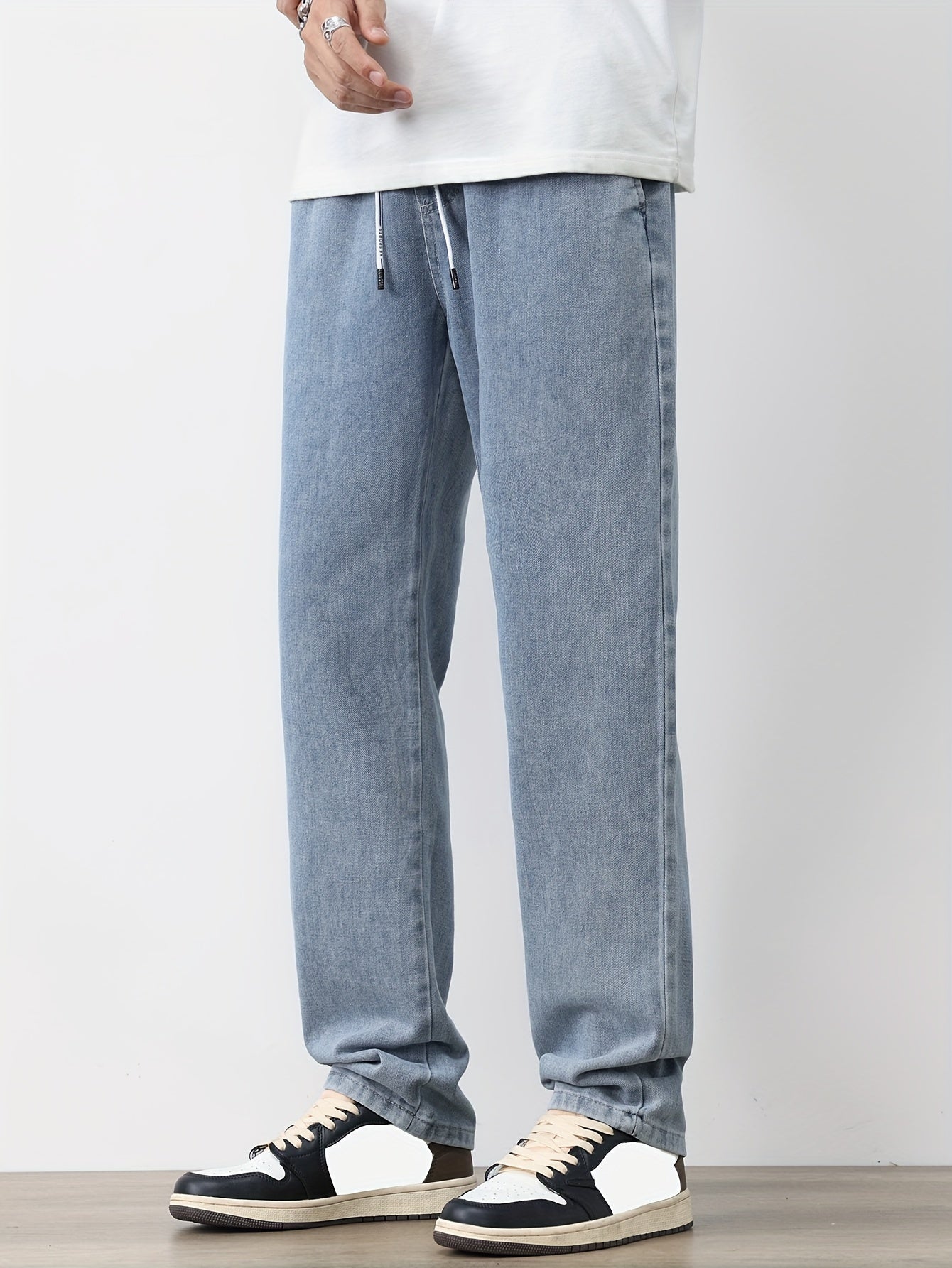 Men's Solid Washed Denim Trousers With Pockets, Causal Drawstring Cotton Blend Barrel Jeans For Outdoor Activities