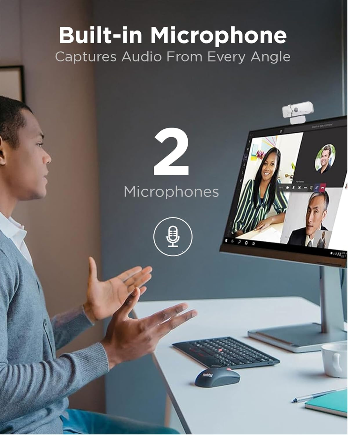 Lenovo HD 1080P Webcam (300 FHD) - Monitor Camera with 95° Wide Angle, 360° Rotation Pan & Tilt, Dual Microphones – Attachable Desktop Cam with Privacy Shutter for Remote Work, Streaming & Gaming