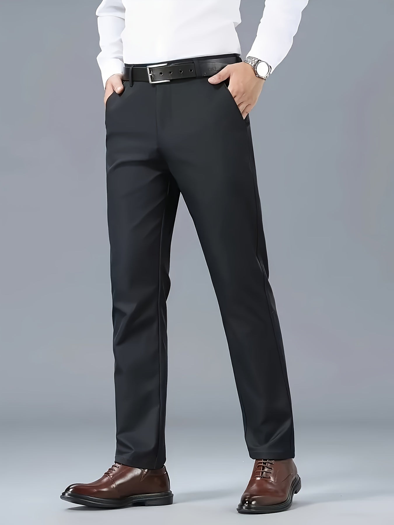 Men's Solid Color Business Casual Pants, Lightweight Business Style Versatile Trousers for Office