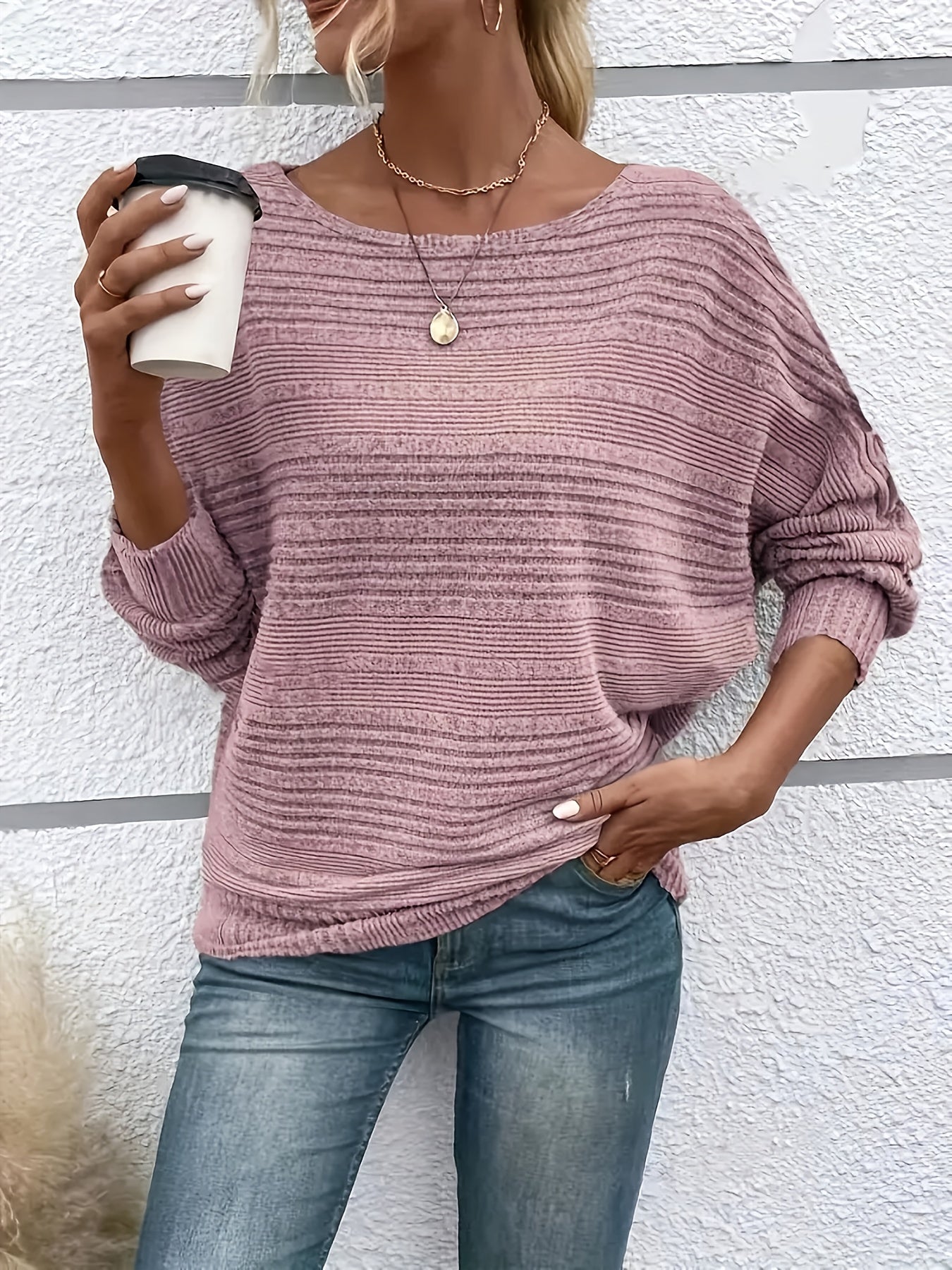 1 հատ Women'S Casual Crew Neck Knit T-shirt - պոլիեսթեր պինդ գույնի երկարաթև վերնաշապիկ գարնան/աշունի համար