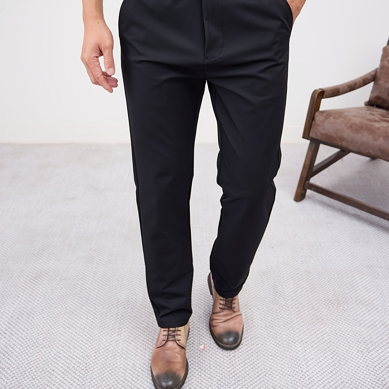 Men'S Casual Solid Color Regular Length Slight Stretch Woven Fabric Pants for Adult