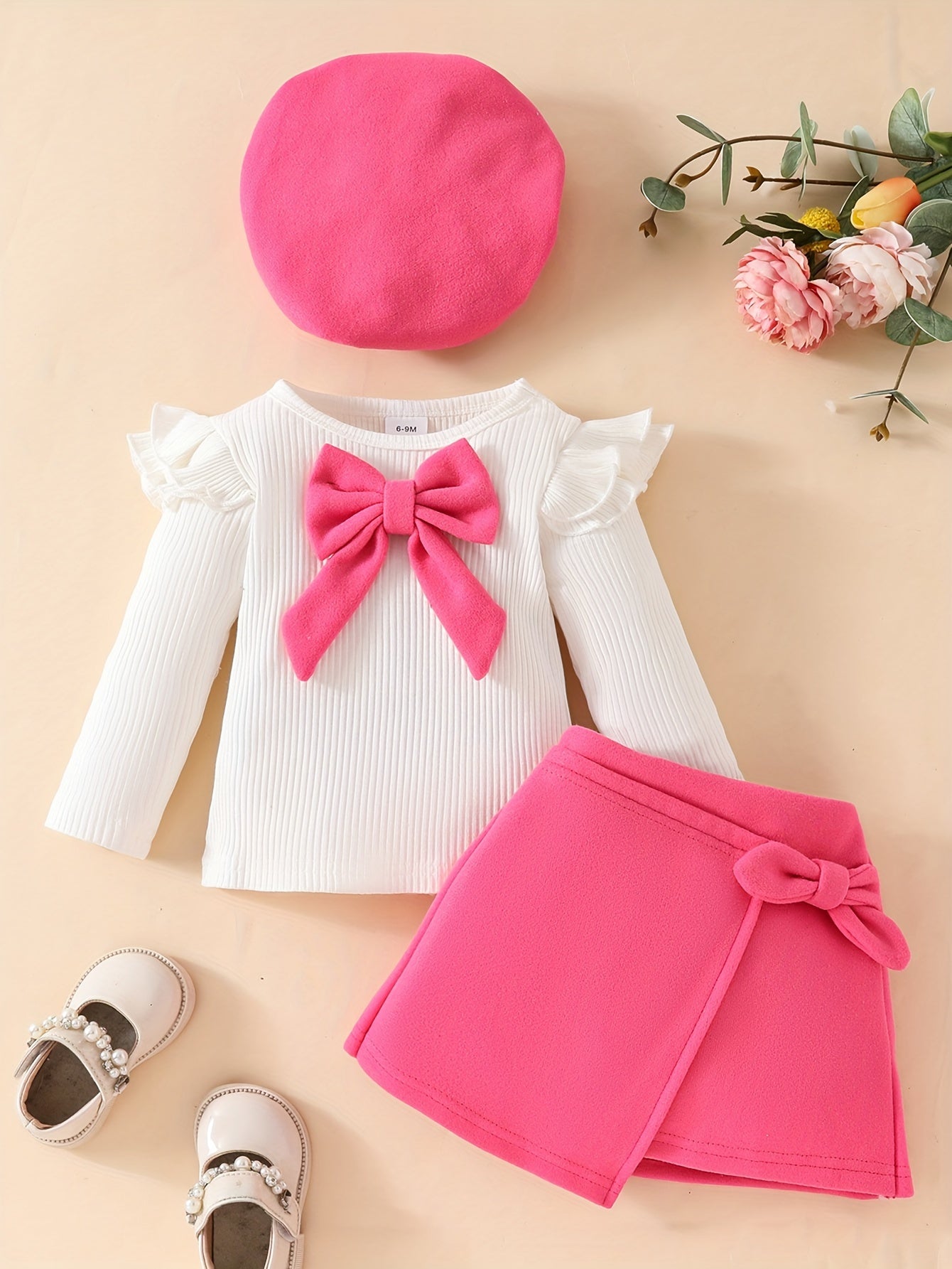 Honey Style Knitted Fabric Crew Neck Long Sleeve T-Shirt with Solid Color Flared Skirt and Beret Set for - Bow Detail Knee High Medium Stretch Fall/Winter Outfit