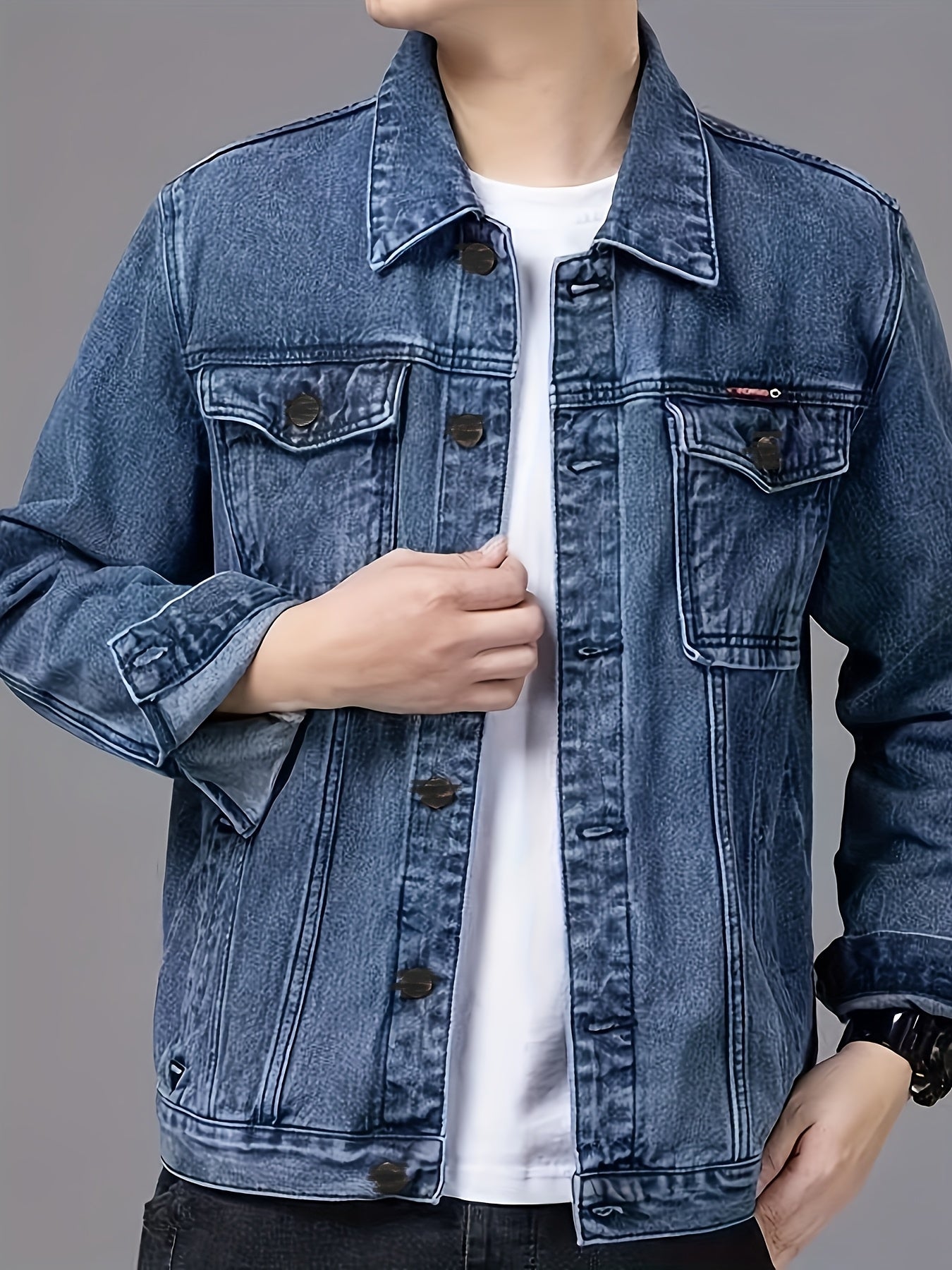 Men's Spring/Autumn Denim Jacket - Casual Chic Style, Black Blend with Red Accents, Button-Up with Flap Pockets, Long Sleeves, Ideal for Hiking & Casual Attire, Outdoor Apparel|Classic Denim Style|Durable Fabric