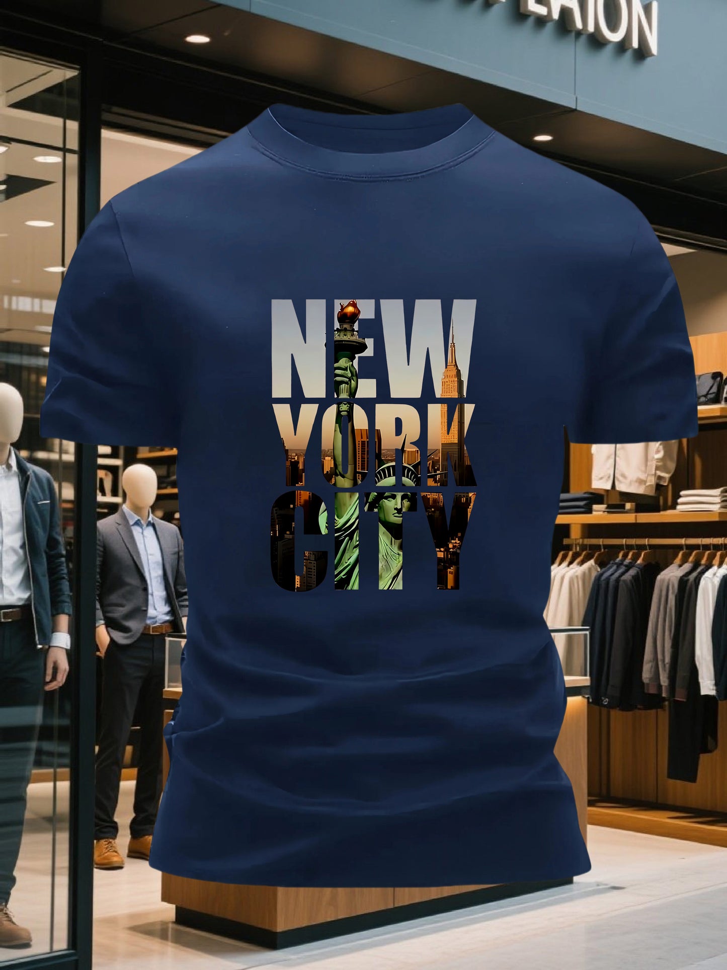 Men's 100% Cotton Crew Neck Short Sleeve T-Shirt with New York City Graphic Print - Navy Blue Casual Comfort Fit Tee, Machine Washable Everyday Essential, Allseason Apparel, Comfortable Outfit, Urban Style, Breathable Materia