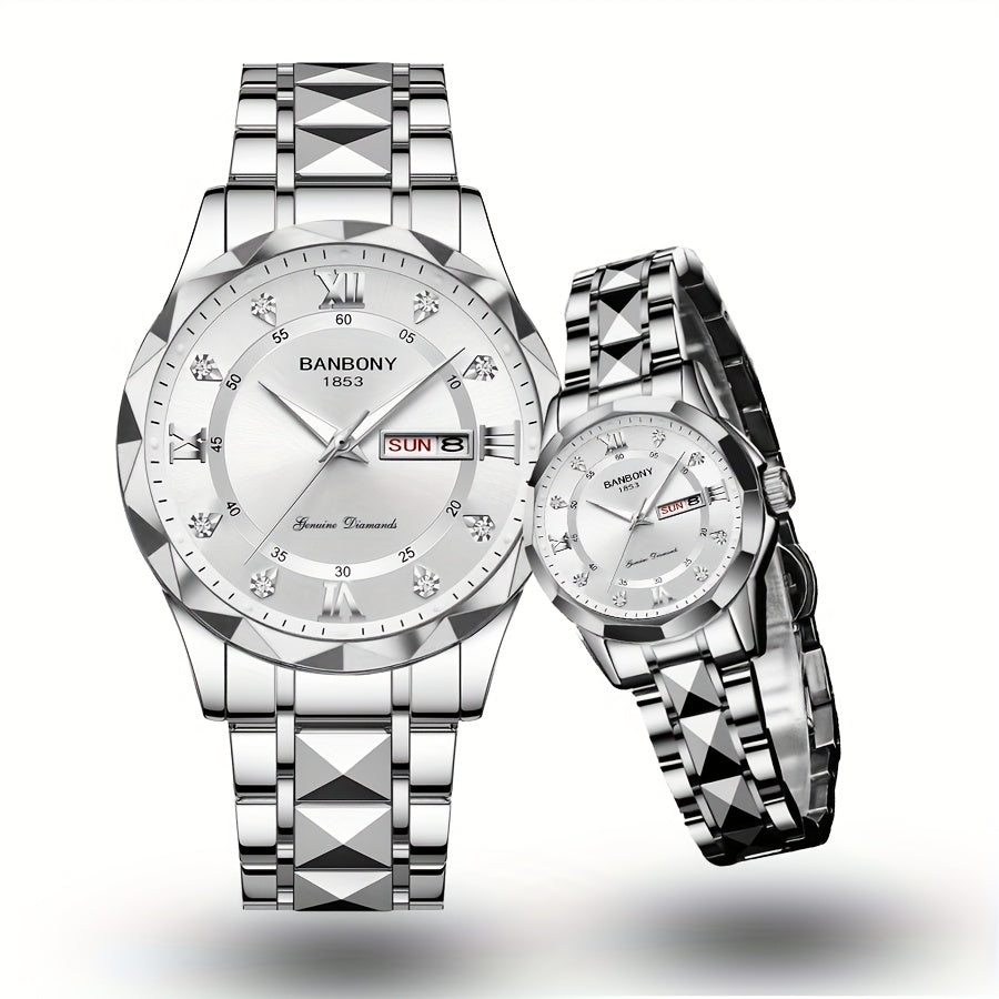 2pcs Couple Watch BANBONY Brand Trendy Fashion Men's and Women's Quartz Watch Stainless Steel Strap with Rhinestone Luminous High-definition Disc Waterproof Night Light Display Week Calendar Display Wristwatch Holiday Gift fo