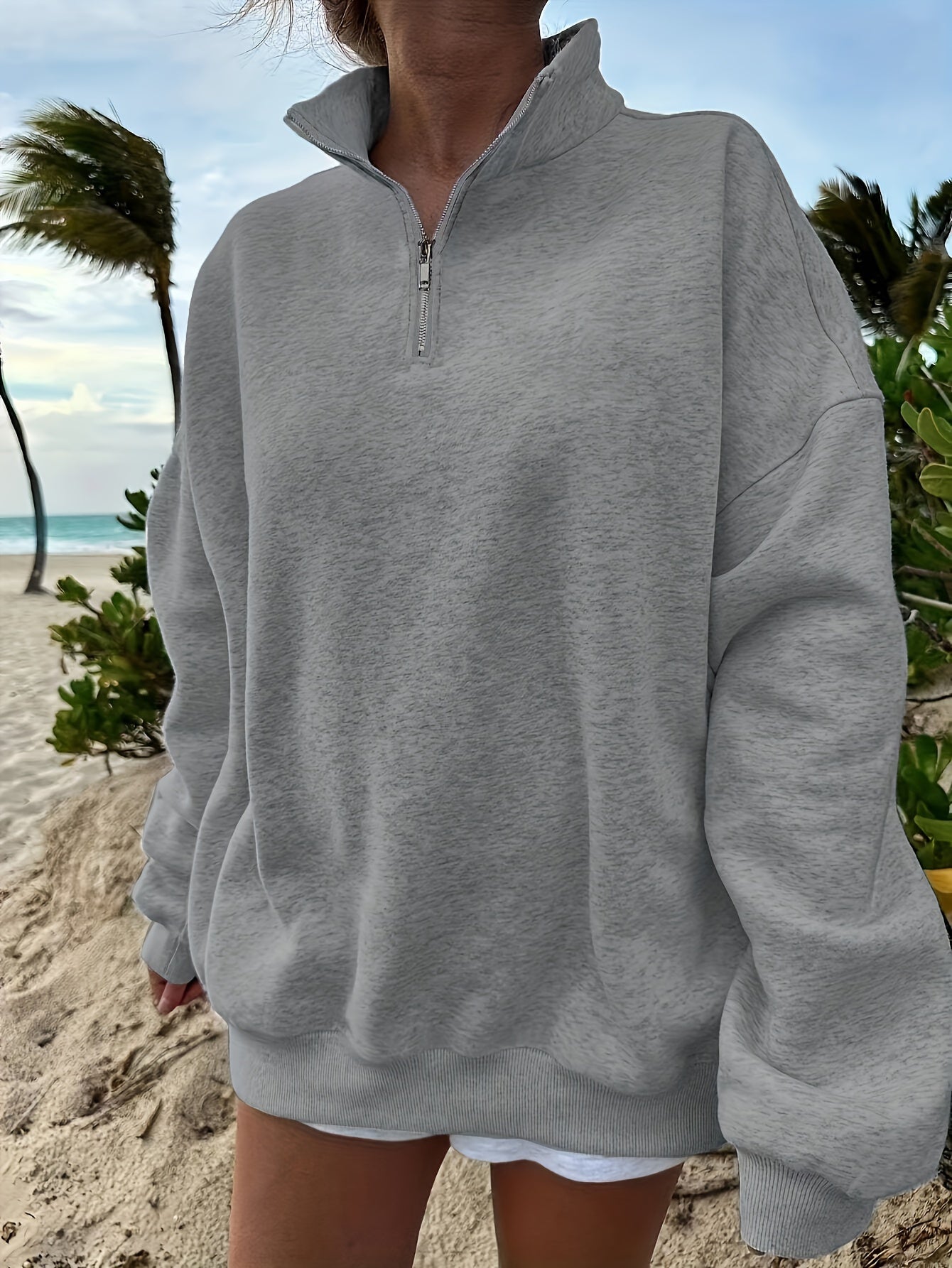 Women's Casual Heather Gray Half-Zip Sweatshirt - Soft Polyester & Elastane Blend, Long Sleeve, Stand Collar, Machine Washable - Perfect for Spring/Fall