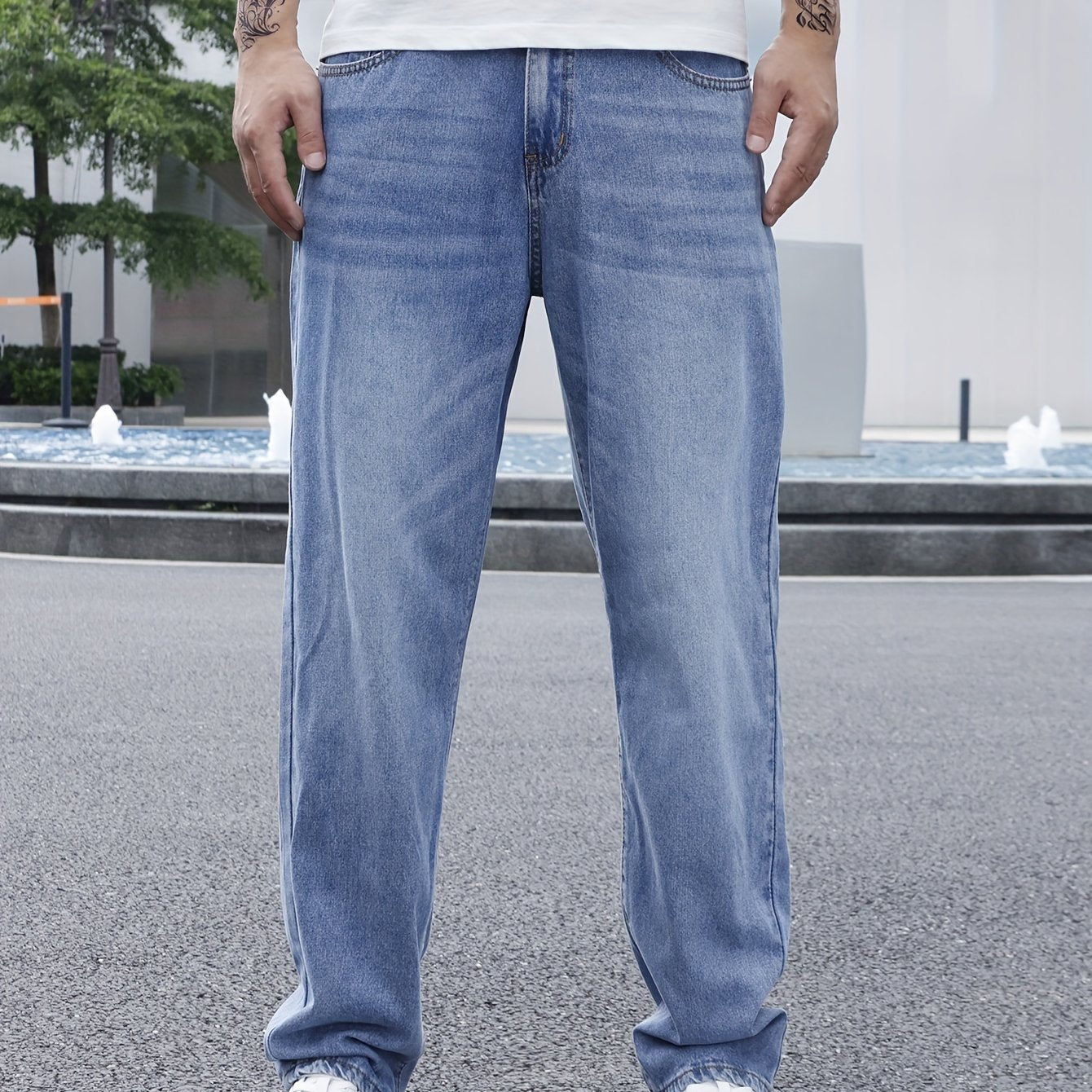 Men's Solid Loose Fit Denim Pants, Spring Fall Casual Trendy Cotton Jeans For Males