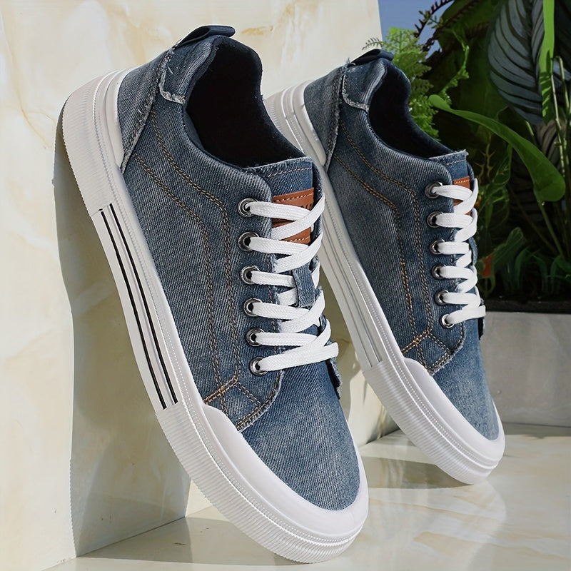 Men's Casual Canvas Sneakers - Trendy Blue Denim Low-Top Lace-Up Shoes with White Rubber Sole, Durable & Comfortable for Casual Attire, Street Style, and Outdoor Activities, Casual Sneakers | Trendy Footwear | Durable Sneaker