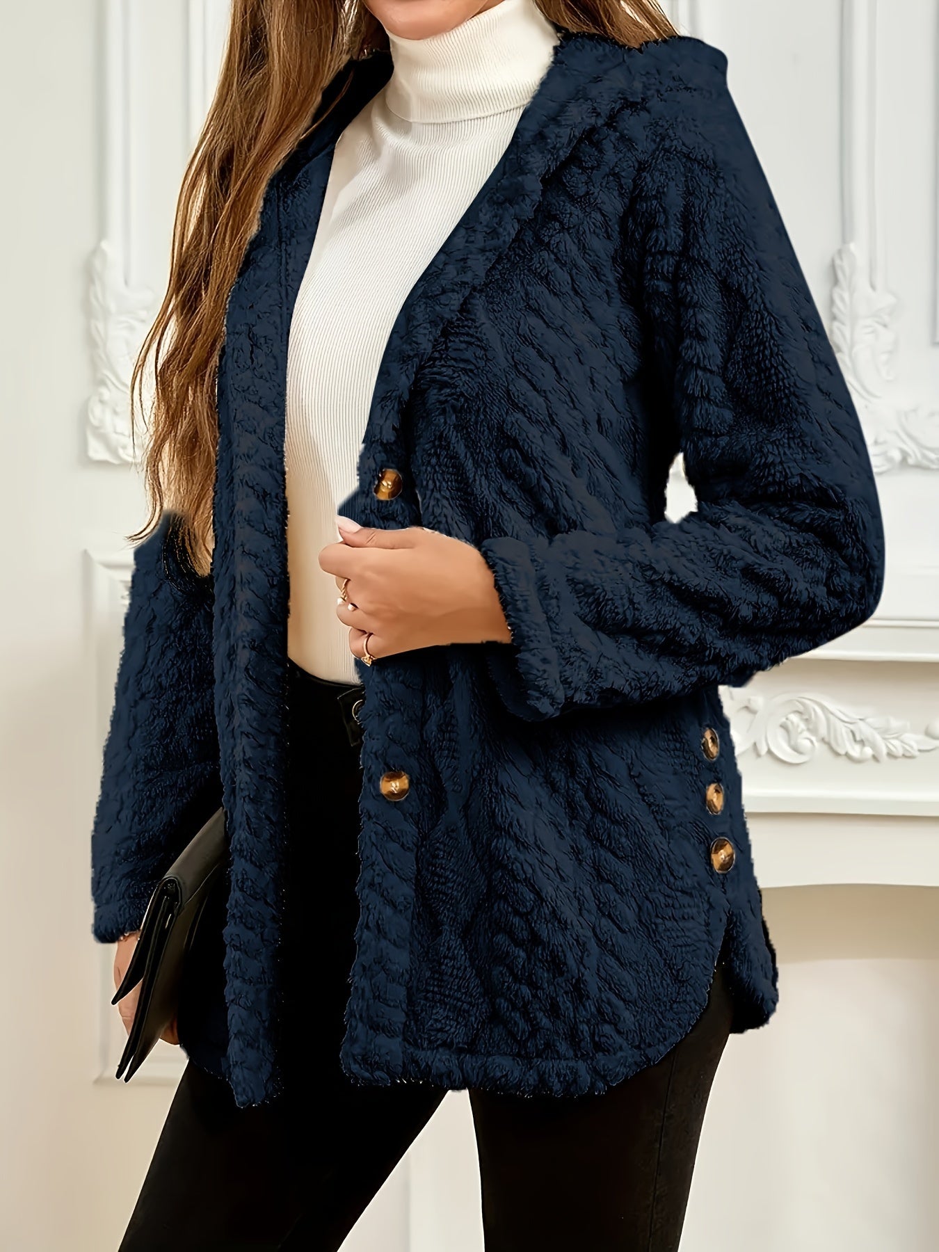Elegant Pink Faux Fur Coat for Women - Chic Button-Front Hooded Jacket with Sleek Collar, Long Sleeves, and Ribbed Detailing - Perfect for Fall & Winter, Hand or Dry Clean Only