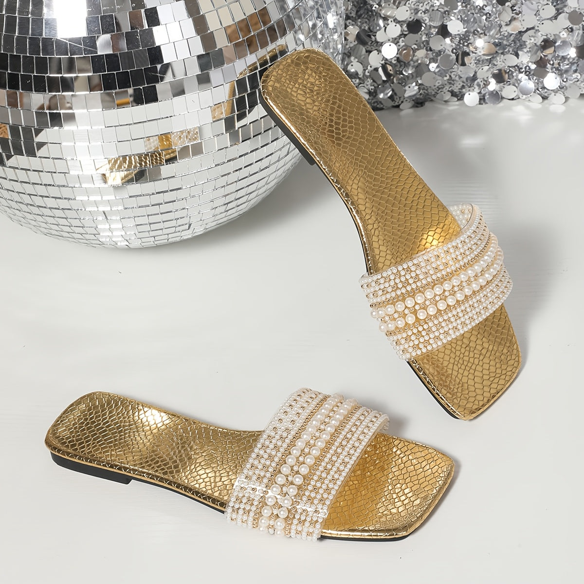 Elegant Women's Summer Flat Slide Sandals - Chic Square Toe with Pearl & Rhinestone Embellishments, Casual Slip-On Design, Faux Cover Upper & Rubber Sole, Ladies Sandals