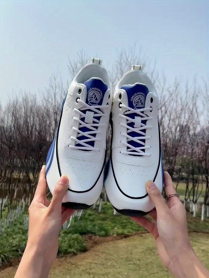 Men'S Lightweight Breathable Running Shoes - Classic Low-Top Design with Thick Cushioned Sole, White Navy Blue Striped Graphic Pattern, Lace-Up Closure for Hiking, Casual Outdoor Wear - Spring/Fall Fashion Sneakers, Hik