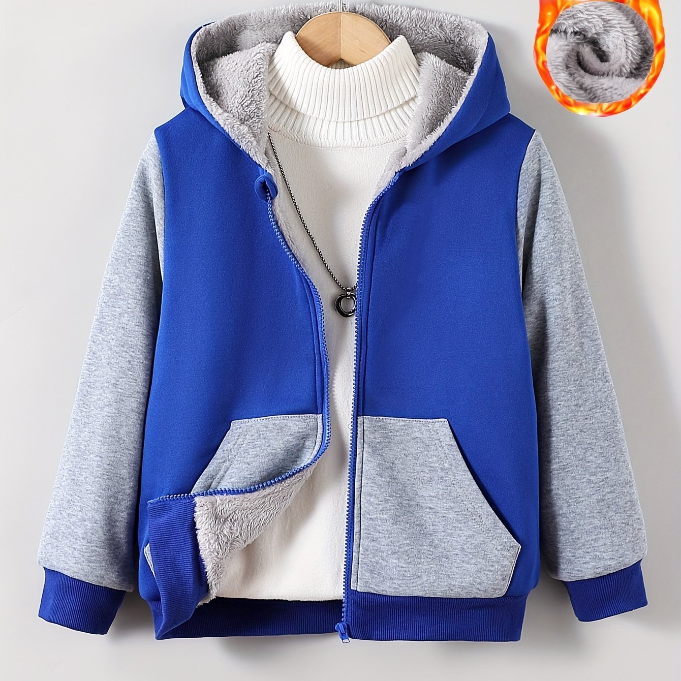 1pc Boys Stylish Color Block Fleece Lining Hooded Jacket, Long Sleeve Zip Up Jacket, Kids Clothes Outdoor
