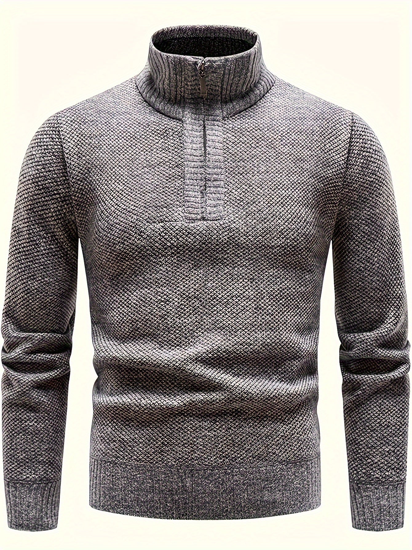 Men's Fleece-Lined Warm Knit Sweater - Autumn/Winter, Solid Color with Stand Collar & Short Zipper Placket, Long Sleeve, Polyester - Ideal for Hiking, Cycling & Casual Attire, Winter Sweater