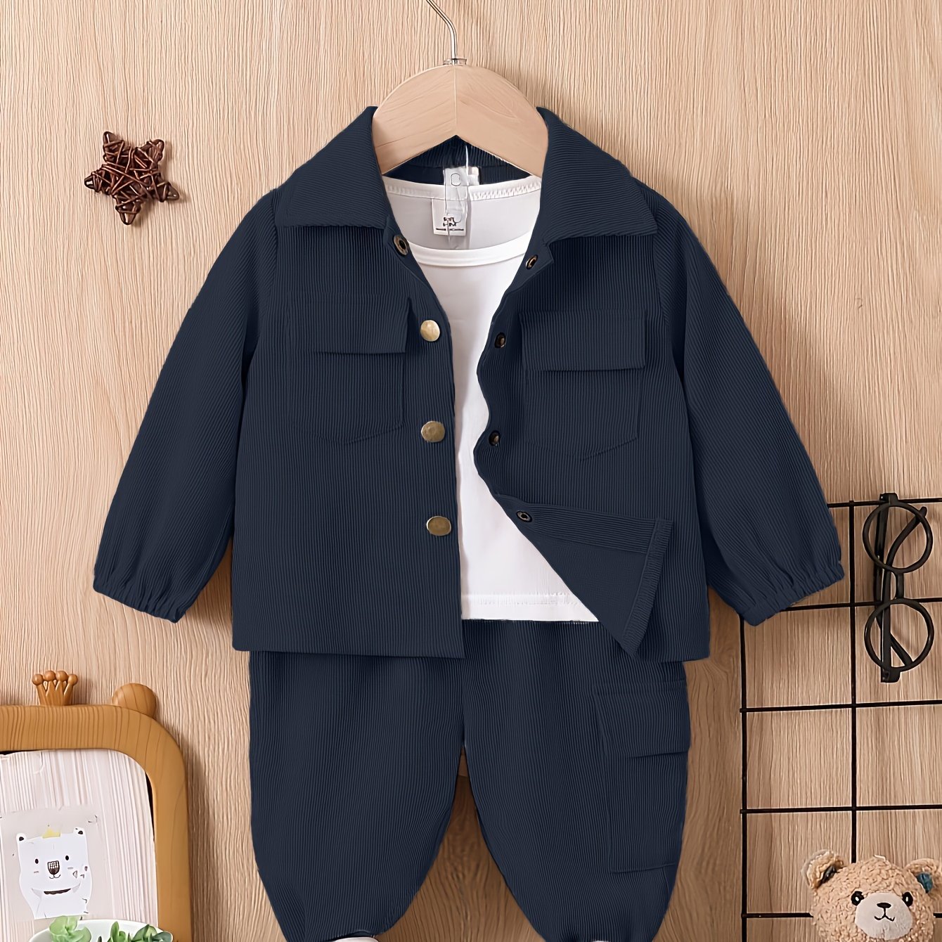 2pcs Boys' Casual Outfit Set - Light Gray Polyester Cargo Pants & Button-Up Shirt with Pockets, Machine Washable - Perfect for Fall/Winter, Autumn Toddler Outfit|Cargo Pants Outfit|Functional Pockets Design, Perfect for Outdo