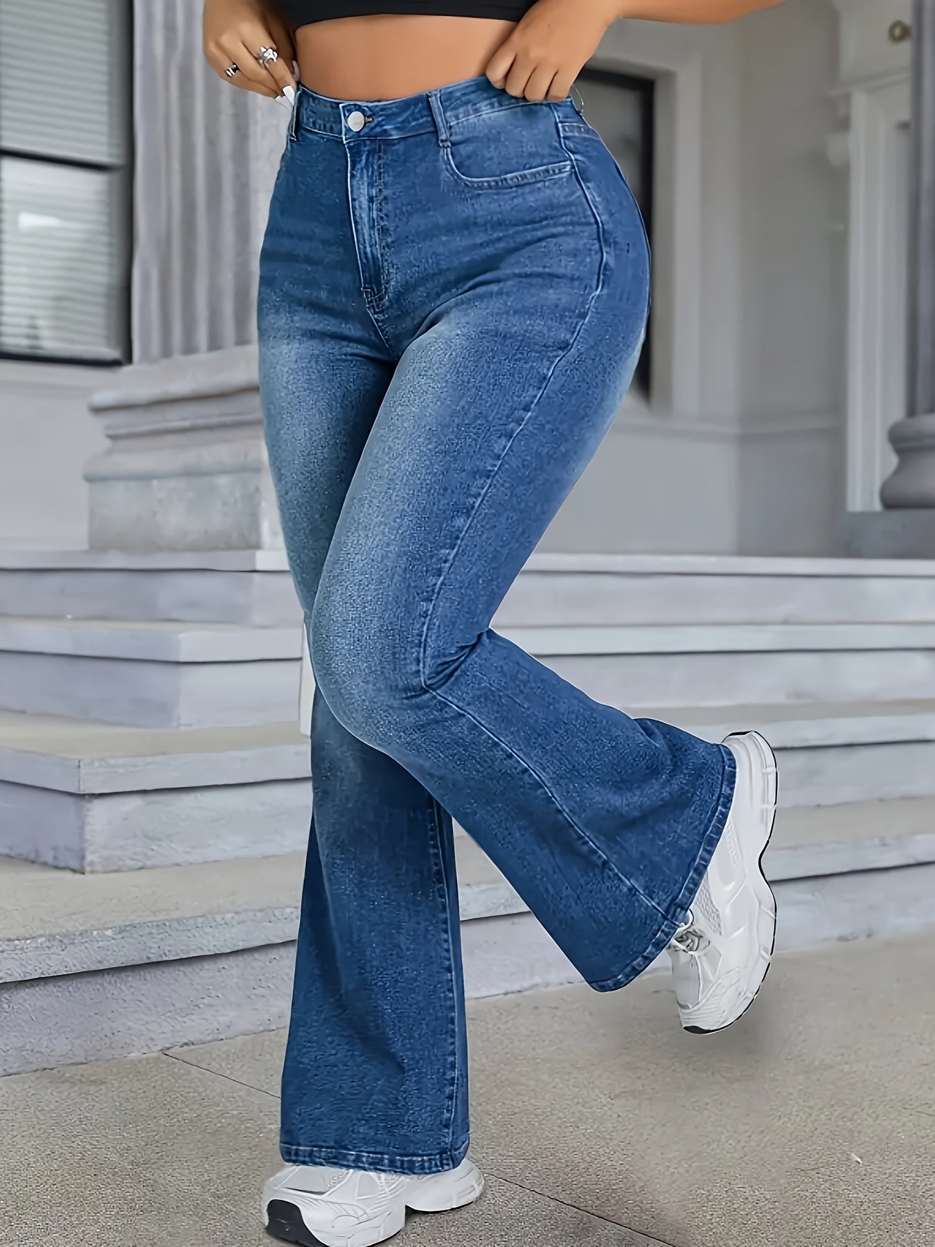 Women'S Plus Size Fashion Flare Jeans, էլեգանտ միագույն ջինս, 65% 20% պոլիեսթեր 14% վիսկոզա 1% սպանդեքս, միջին ձգվող, ամբողջ սեզոնային, լվացված ֆինիշ, հյուսված գործվածք, 410 գ/մ² - ամենօրյա շքեղություն