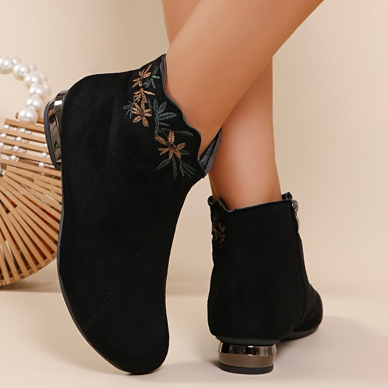 Women'S Casual Ankle Booties with Embroidery - Solid Color Flannel Platform Boots with Zipper Closure, Round Toe, Block Heel, Rubber Sole, Fall Season Low Heel Short Boots with Random Printing Detail