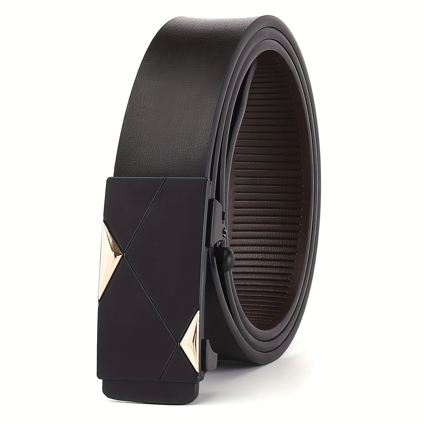 Տղամարդկանց Luxury Automatic Buckle Faux Leather Belt - Խնամված սև ոսկեգույն երկրաչափական ճարմանդով, Business Casual Style, Հարմարավետության համար հարմարեցված հարմարեցում, Business Casual աքսեսուար | Բարդ գոտիների դիզայն | Խնամված սև ավարտ